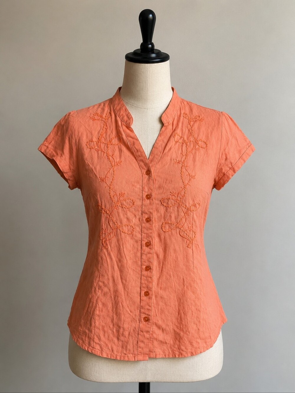Women's Orange Embroidered Short-Sleeve Button-Front Top